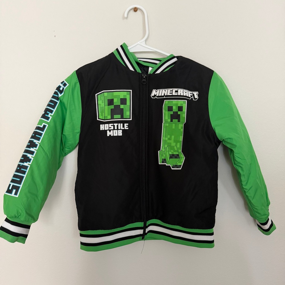 Minecraft Kids Creeper Bomber Jacket Black Green Varsity Size 6/7